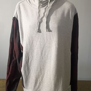Upcycled Light Gray Hoodie with Flannel Maroon Contrast Sleeves